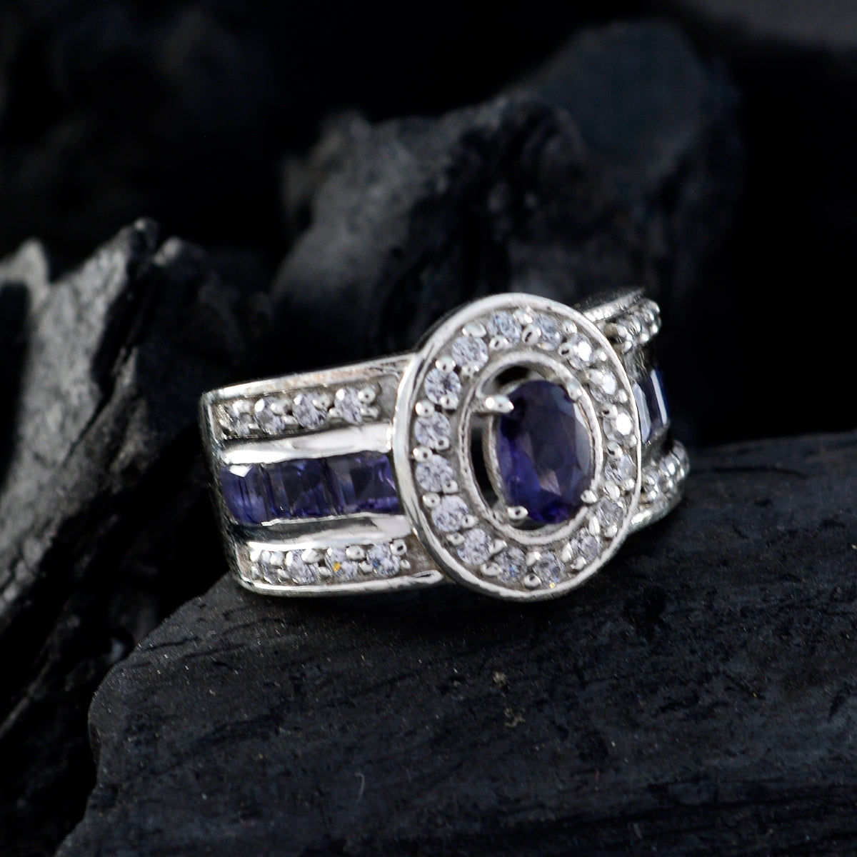 Iolite Halo Moroccan 92.5 Silver Blue Gemstones Eye catching Modern Ring Jewelry