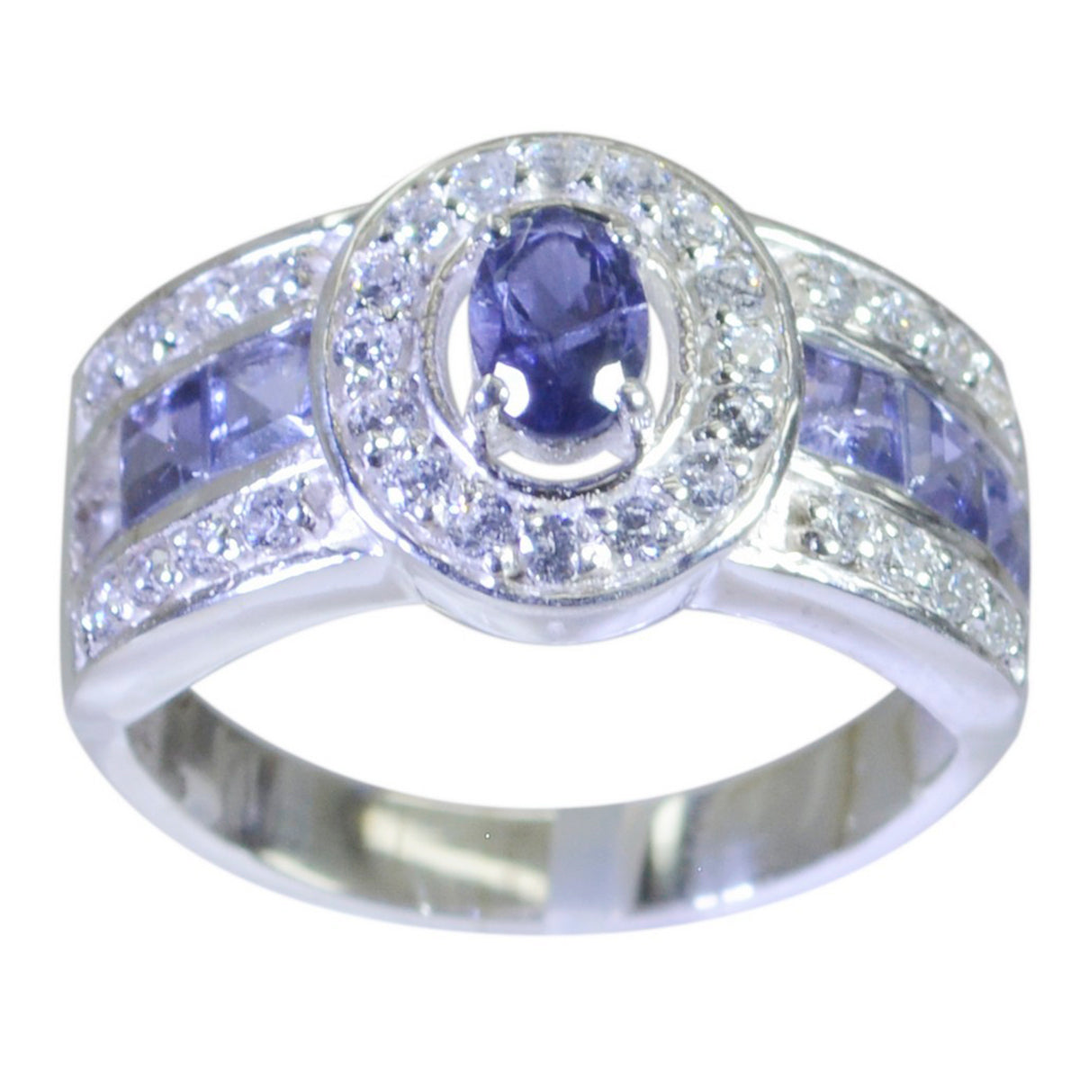 Iolite Halo Moroccan 92.5 Silver Blue Gemstones Eye catching Modern Ring Jewelry