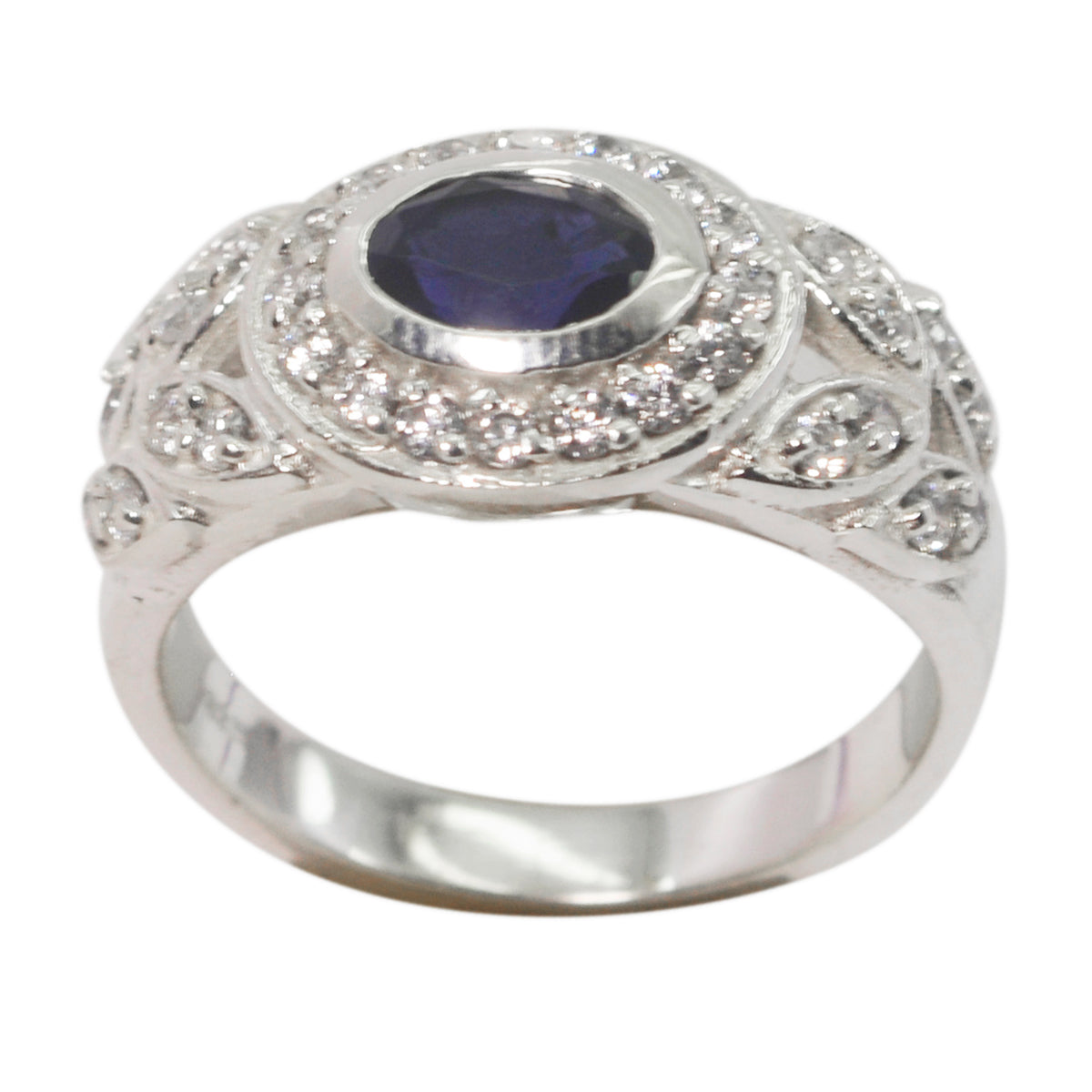Iolite Halo German Silver Blue Gemstone Minimal Glamorous Ring Jewelry
