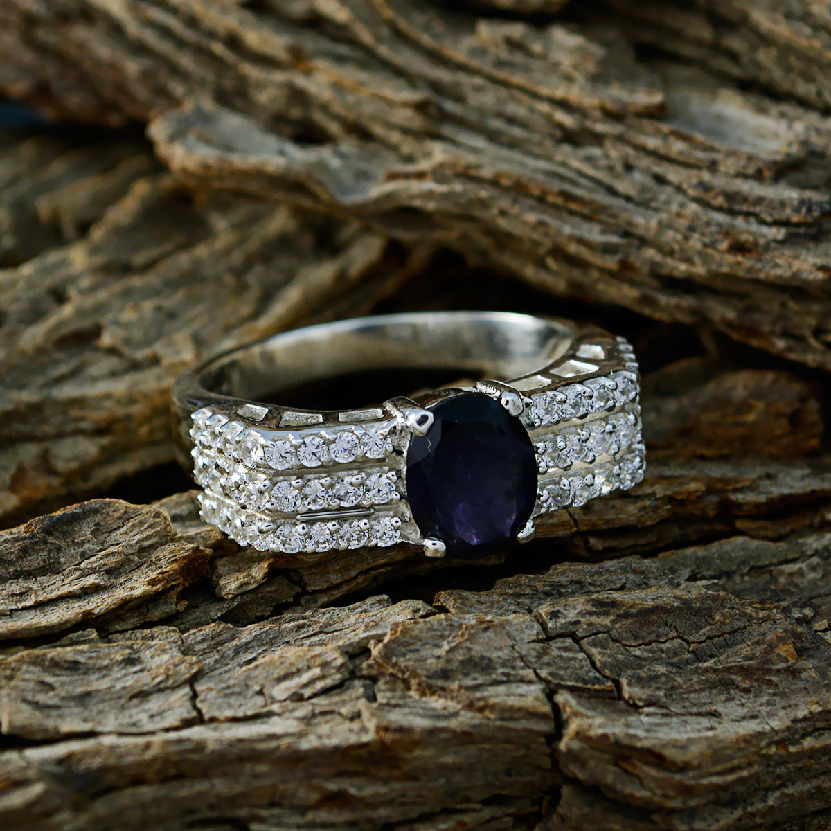 Iolite Halo French 92.5 Silver Blue Gemstones Eye catching Contemporary Ring Jewellery