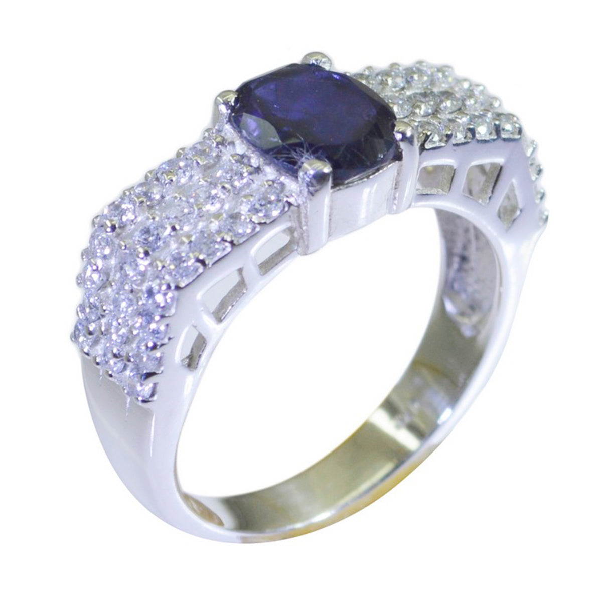 Iolite Halo French 92.5 Silver Blue Gemstones Eye catching Contemporary Ring Jewellery