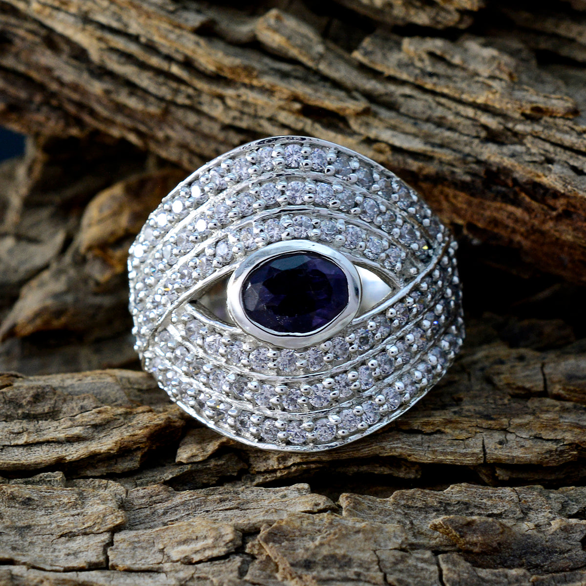 Iolite Halo Moroccan 925 Sterling Silver Blue Gemstones Versatile Contemporary Ring Jewelry