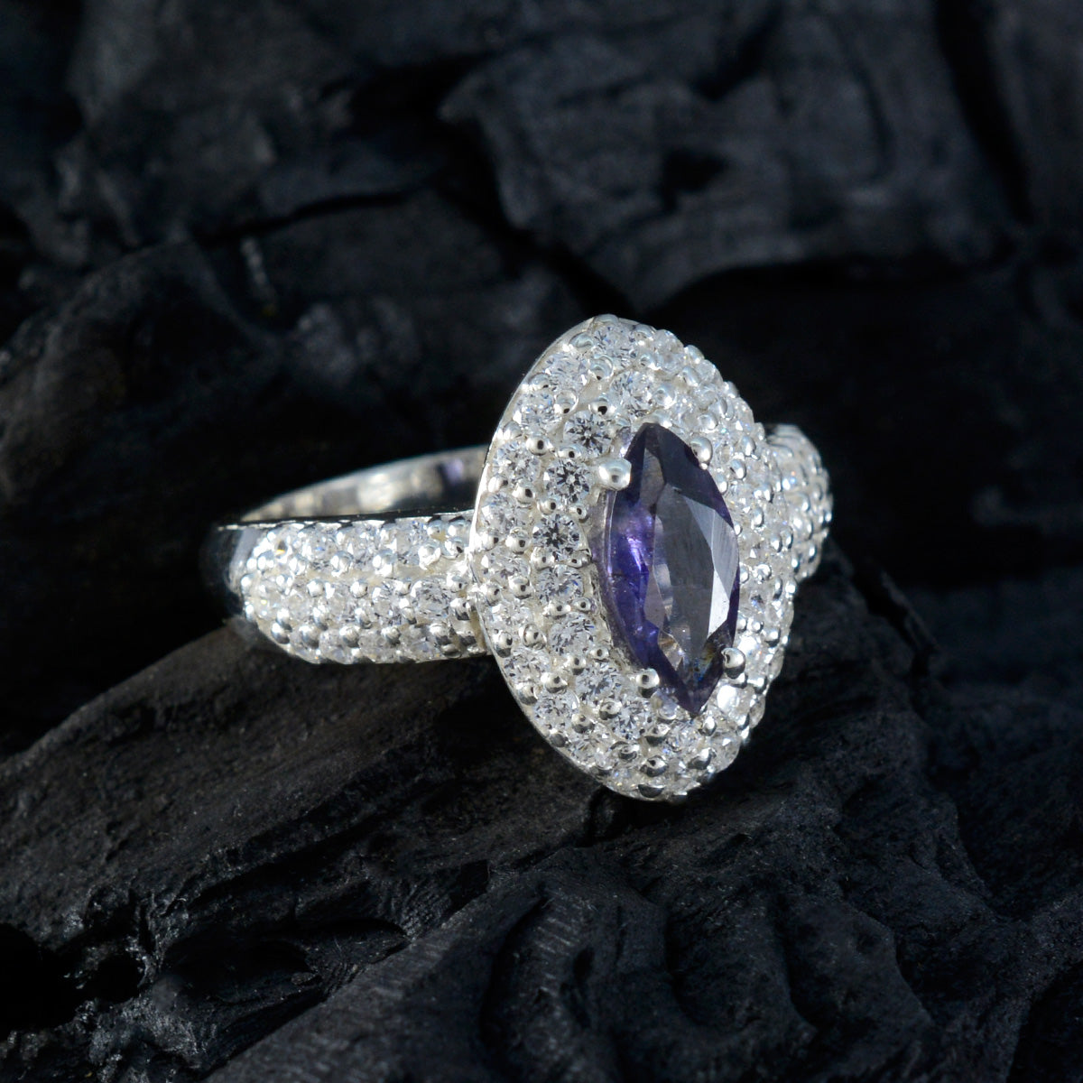 Iolite Halo African 925 Silver Blue Gemstone Minimal Trendy Ring Jewelry