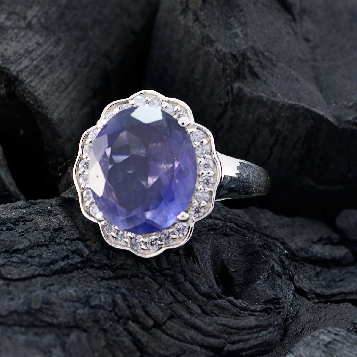 Iolite Halo Egyptian Silver Blue Gemstone Eye catching Trendy Ring Jewellery