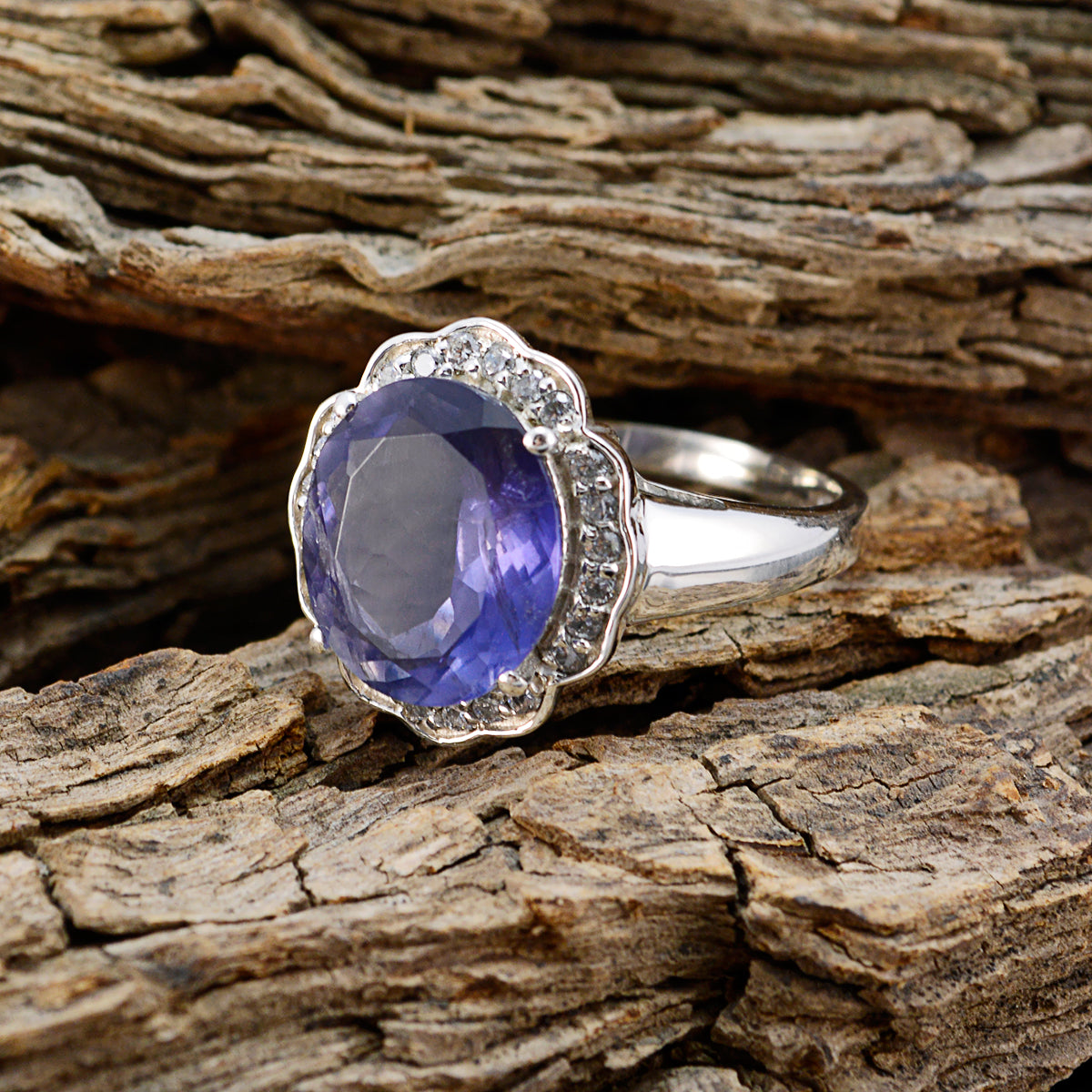 Iolite Halo Egyptian Silver Blue Gemstone Eye catching Trendy Ring Jewellery