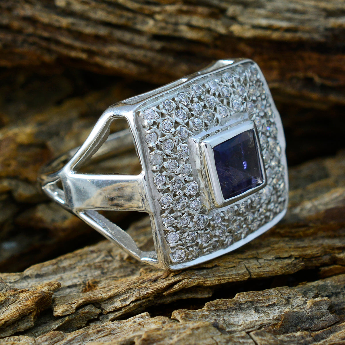 Iolite Halo Egyptian Sterling Silver Blue Gems Versatile Contemporary Ring Jewelry