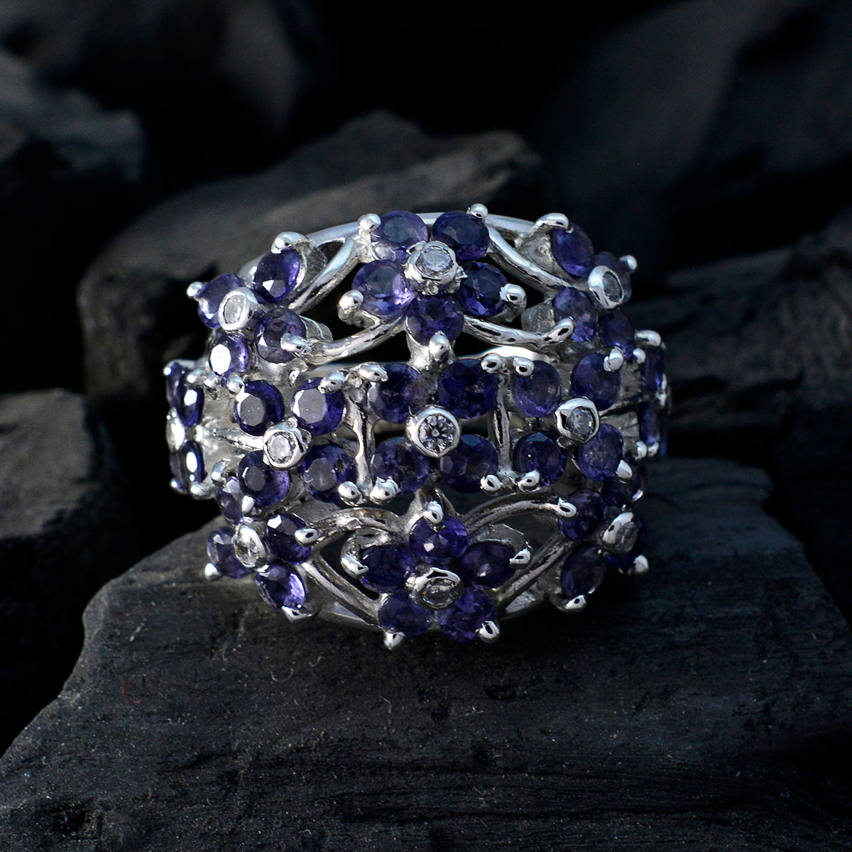 Iolite multiple African Silver Blue Gemstone Statement Floral Ring Jewelry