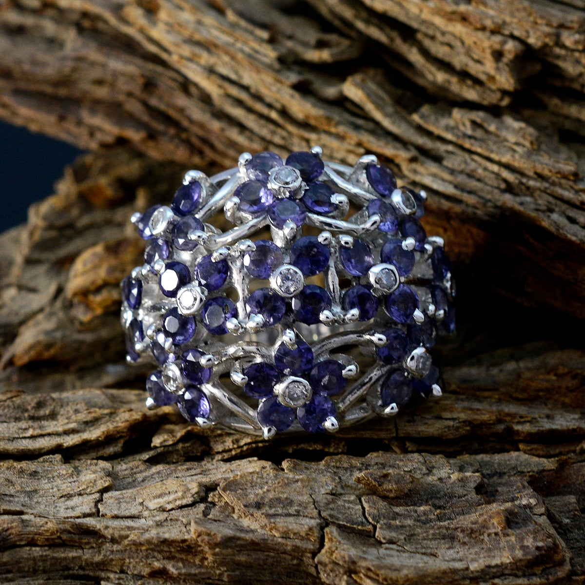 Iolite multiple African Silver Blue Gemstone Statement Floral Ring Jewelry