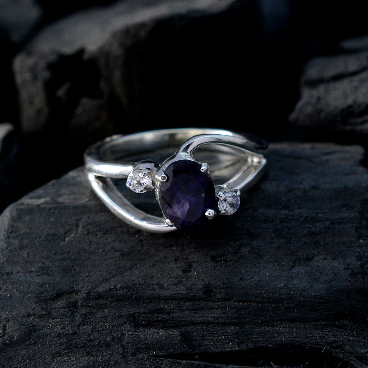 Iolite Halo Turkish 925 Silver Blue Gems Whisper thin Modern Ring Jewelry