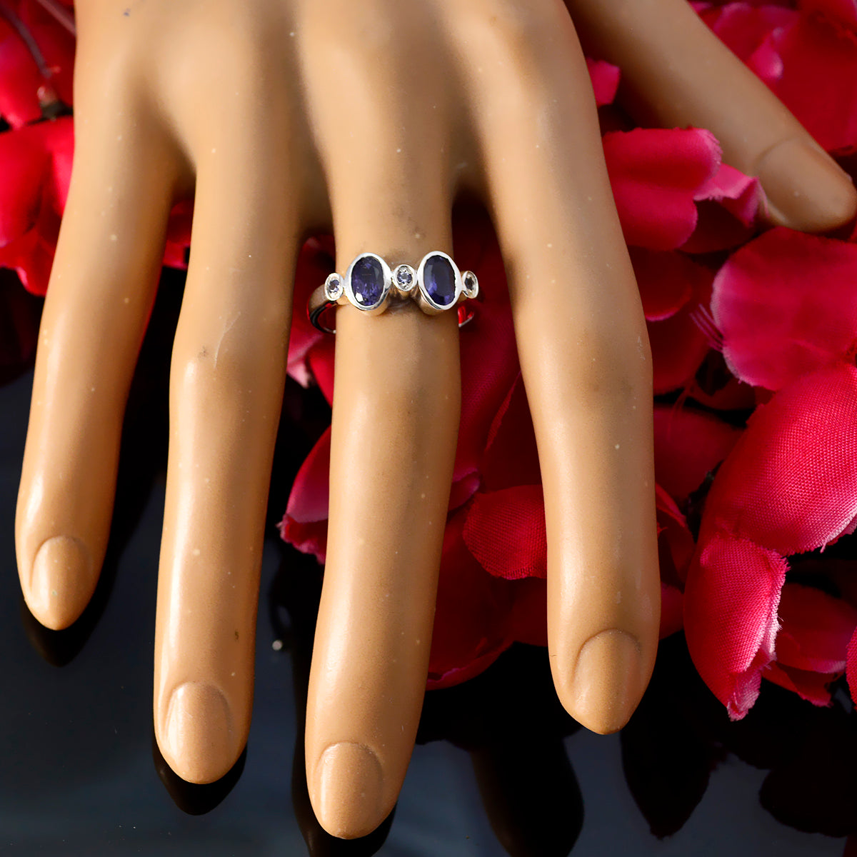 Iolith Halo Türkisches Sterling Silber Blaue Edelsteine Zierlicher romantischer Ring Schmuck