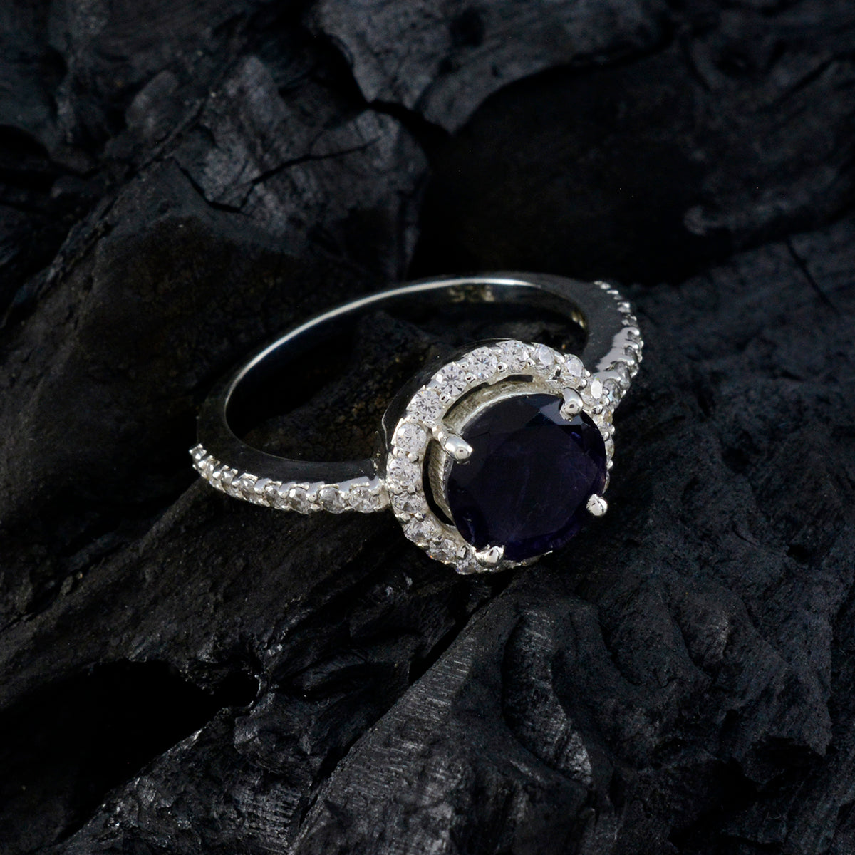 Iolite Halo African 92.5 Silver Blue Gemstone Slim Modern Ring Jewelry