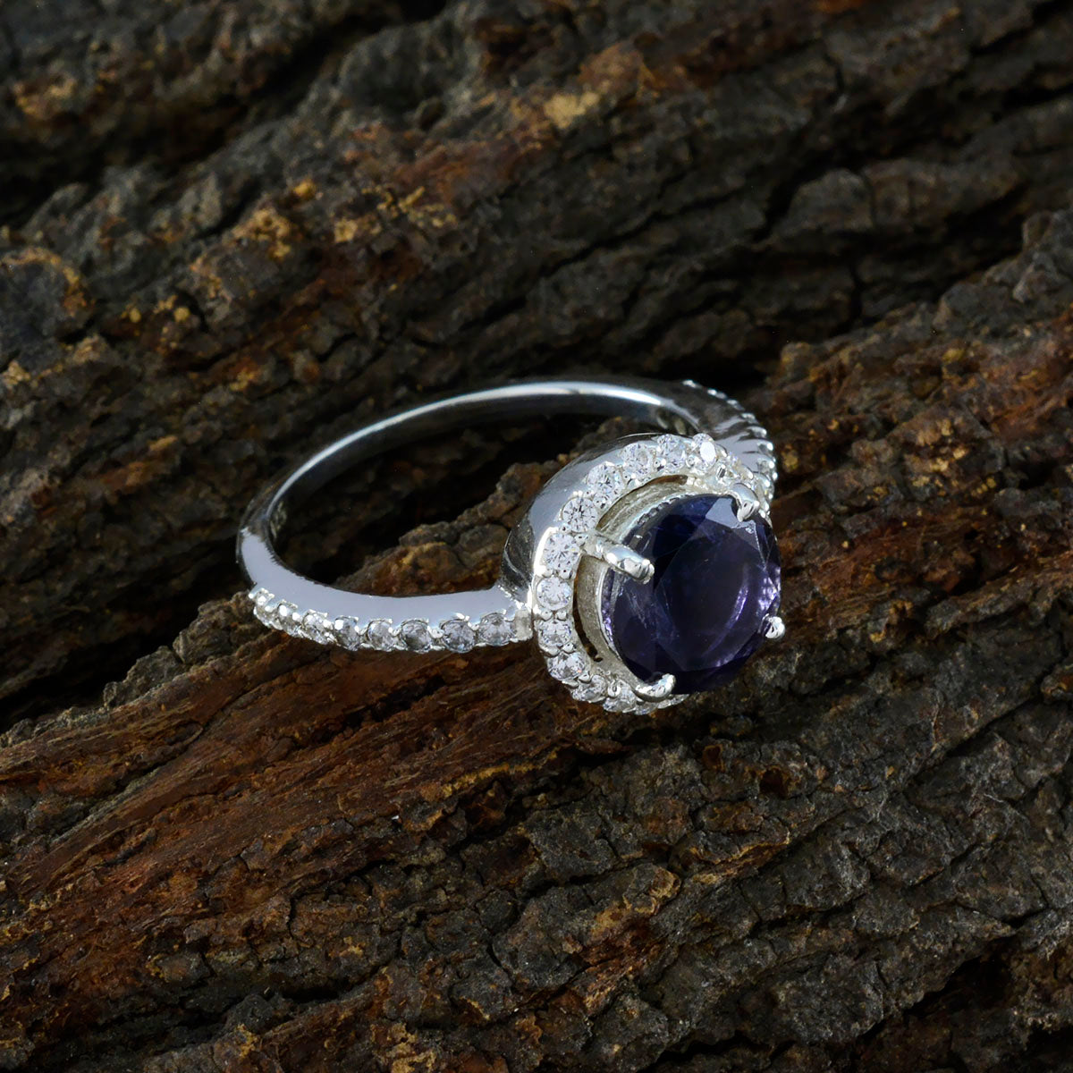 Iolite Halo African 92.5 Silver Blue Gemstone Slim Modern Ring Jewelry