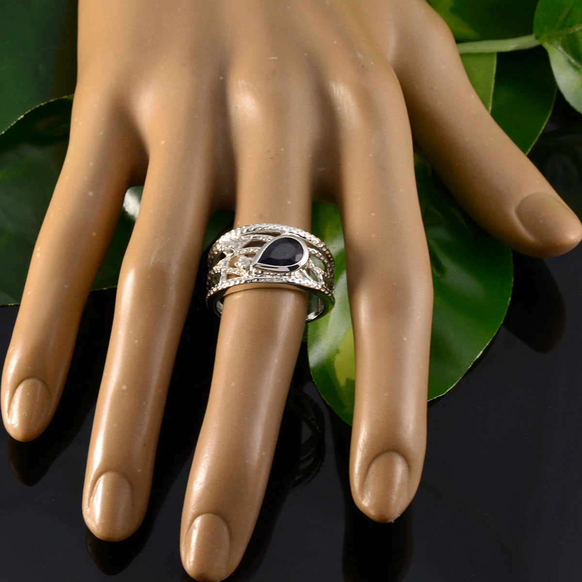 Iolite Halo Moroccan Silver Blue Gemstones Eye catching Modern Ring Jewelry