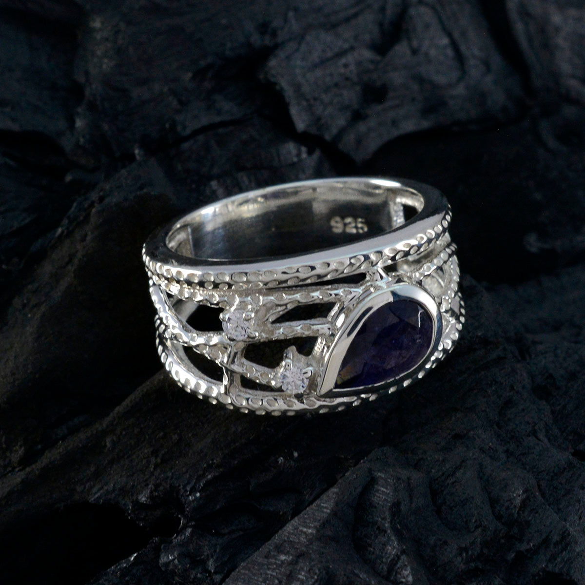 Iolite Halo Moroccan Silver Blue Gemstones Eye catching Modern Ring Jewelry
