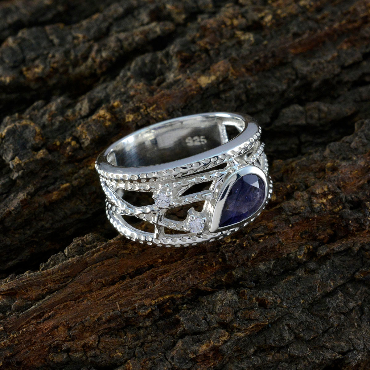 Iolite Halo Moroccan Silver Blue Gemstones Eye catching Modern Ring Jewelry
