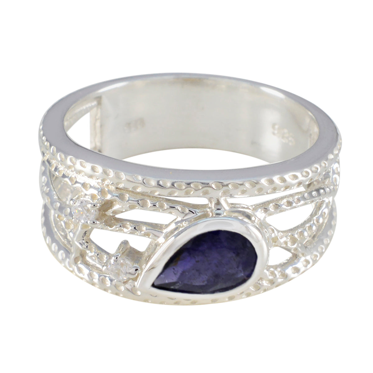 Iolite Halo Moroccan Silver Blue Gemstones Eye catching Modern Ring Jewelry
