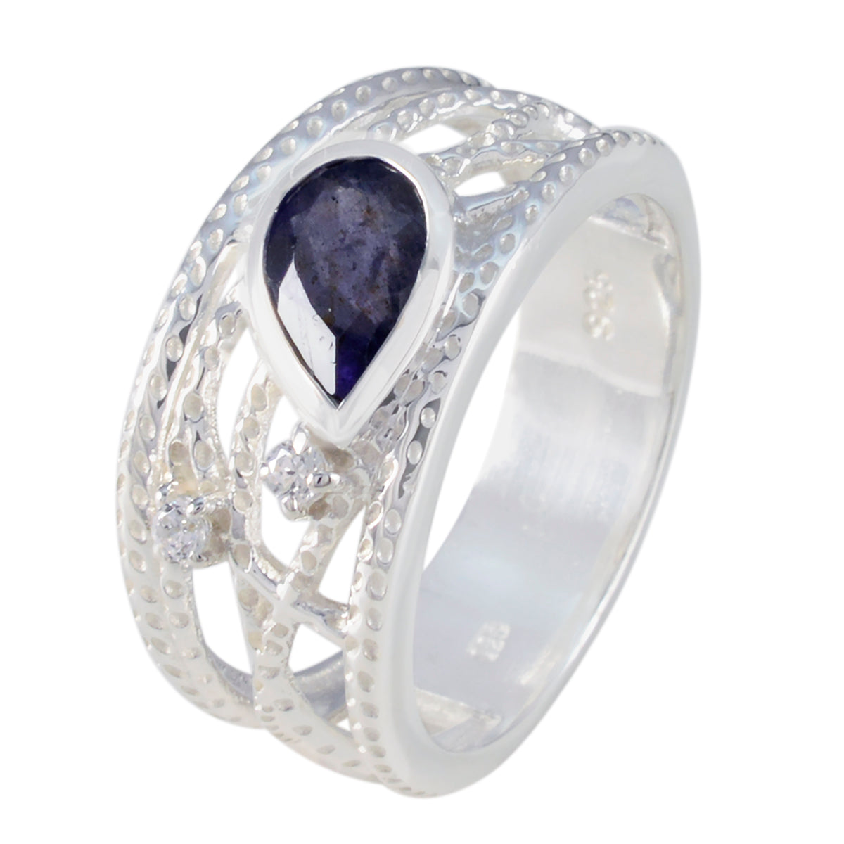 Iolite Halo Moroccan Silver Blue Gemstones Eye catching Modern Ring Jewelry