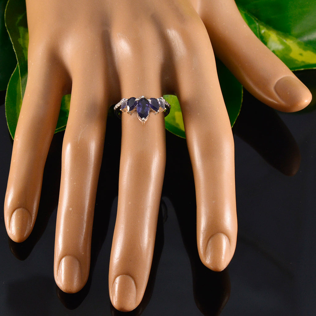 Iolite Penta Korean Silver Blue Gems Elegant  crown Ring Jewelry