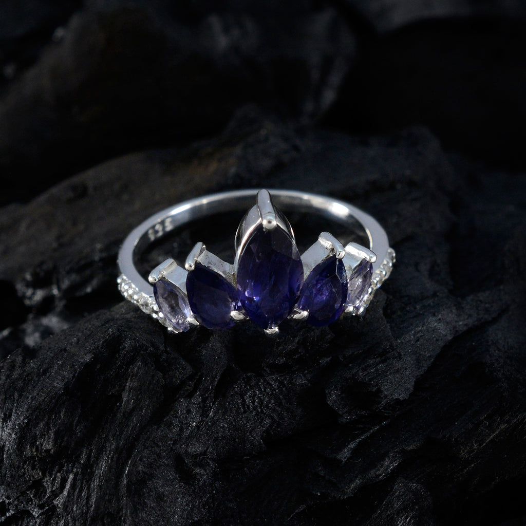 Iolite Penta Korean Silver Blue Gems Elegant  crown Ring Jewelry