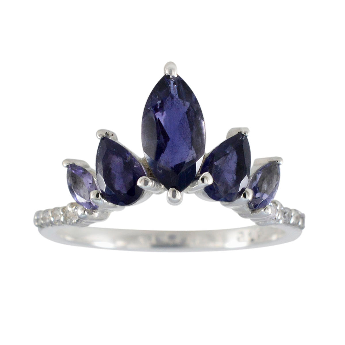 Iolite Penta Korean Silver Blue Gems Elegant  crown Ring Jewelry