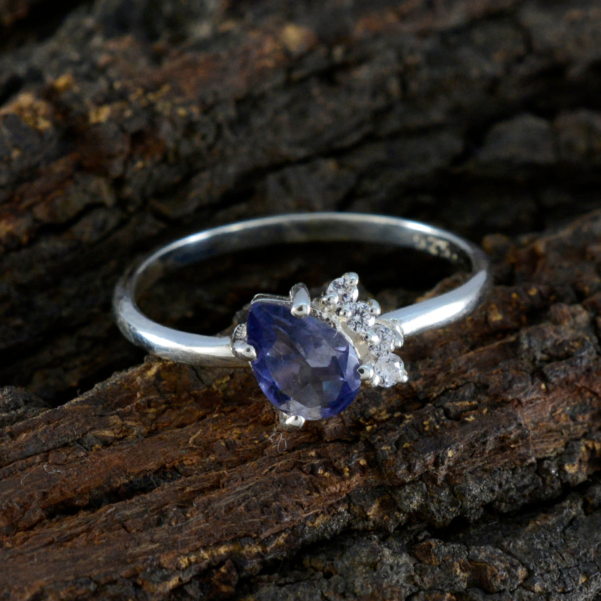 Iolite Halo Japanese 92.5 Silver Blue Gemstone Elegant  Abstract Ring Jewelry