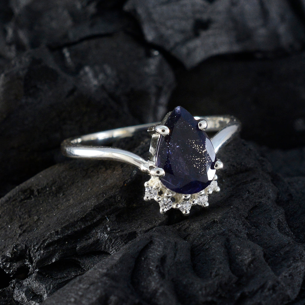 Iolite Halo Turkish 92.5 Silver Blue Gems Delicate Contemporary Ring Jewellery