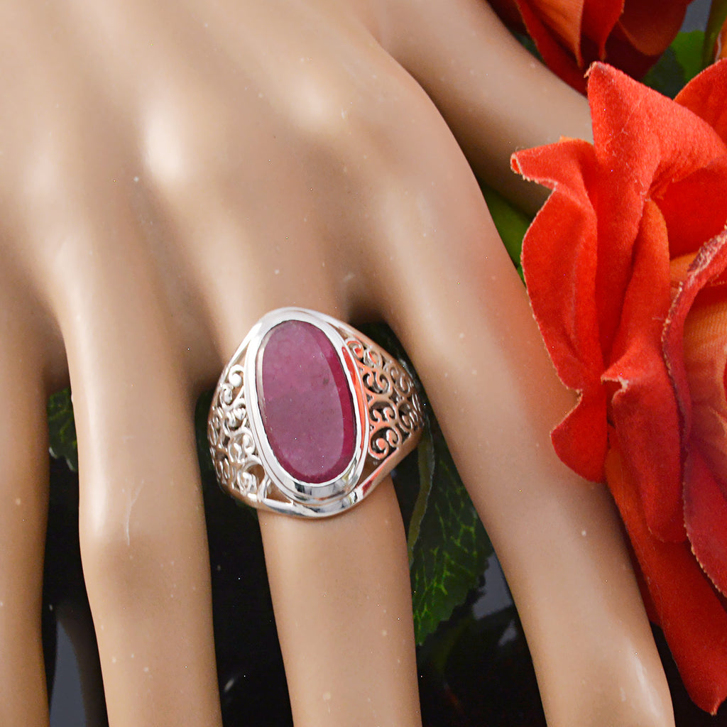 Indian Ruby Solitaire Italian 925 Silver Red Gems Mid weight Filigree Ring Jewellery
