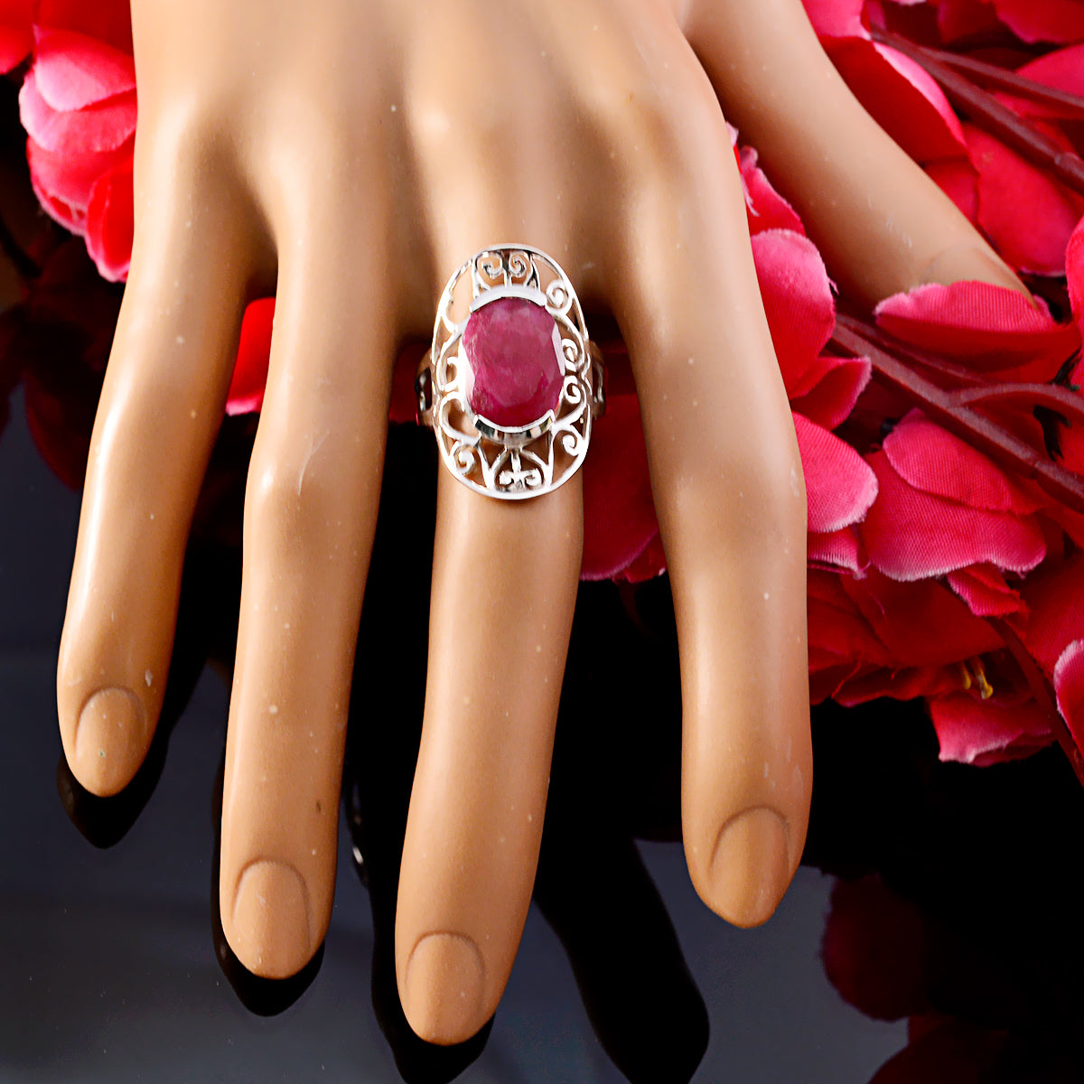 Indian Ruby Solitaire French Sterling Silver Red Gems Classic Art Deco Ring Jewelry