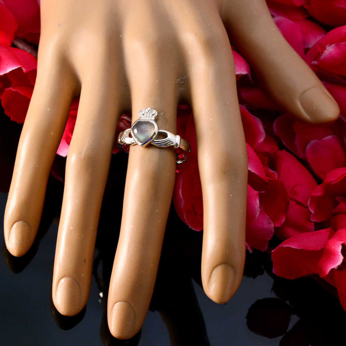 Labradorite Solitaire Egyptian Sterling Silver Gray Gemstone Tiny valentine Ring Jewellery