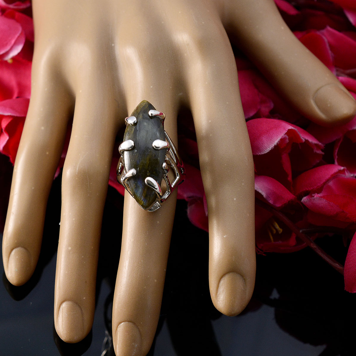 Labradorite Solitaire Egyptian Sterling Silver Gray Gems Chunky Artisan Ring Jewelry