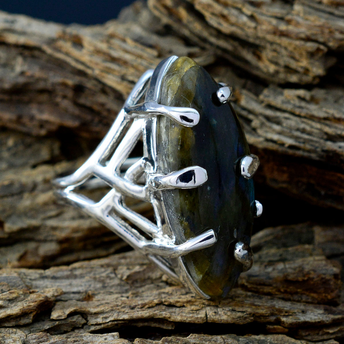 Labradorite Solitaire Egyptian Sterling Silver Gray Gems Chunky Artisan Ring Jewelry