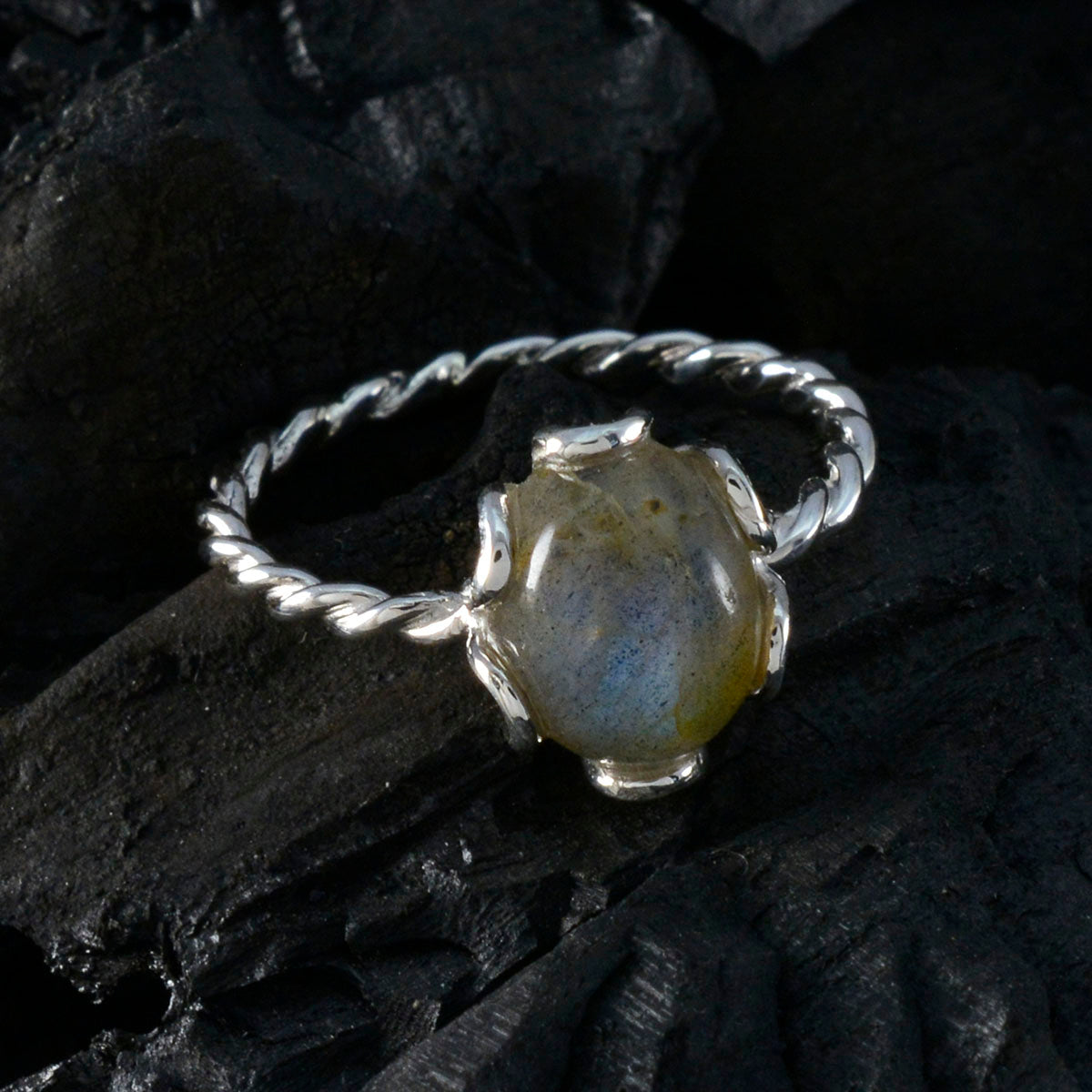 Labradorite Solitaire Turkish Sterling Silver Gray Gemstones Delicate Twist Ring Jewelry