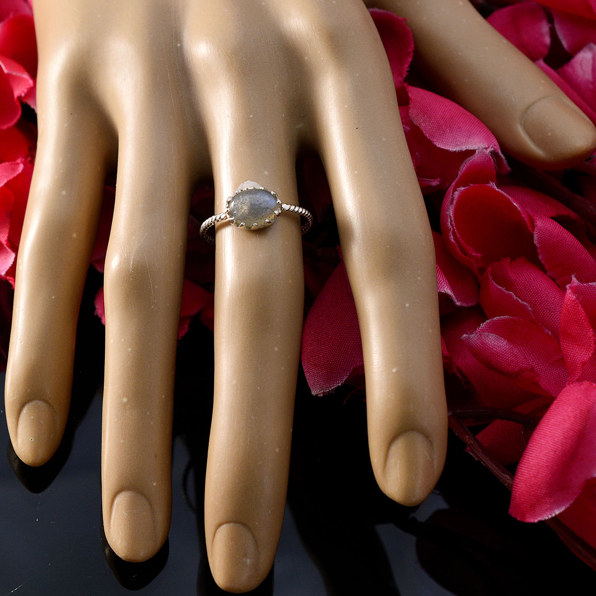 Labradorite Solitaire Japanese 925 Silver Gray Gems Elegant  Twist Ring Jewelry