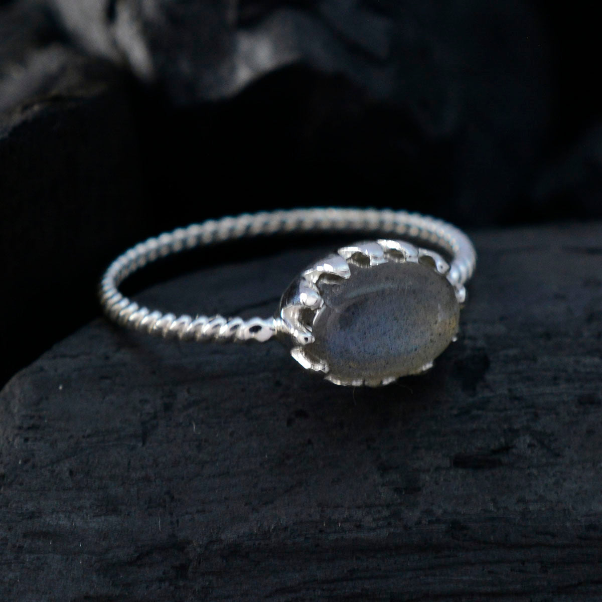 Labradorite Solitaire Japanese 925 Silver Gray Gems Elegant  Twist Ring Jewelry