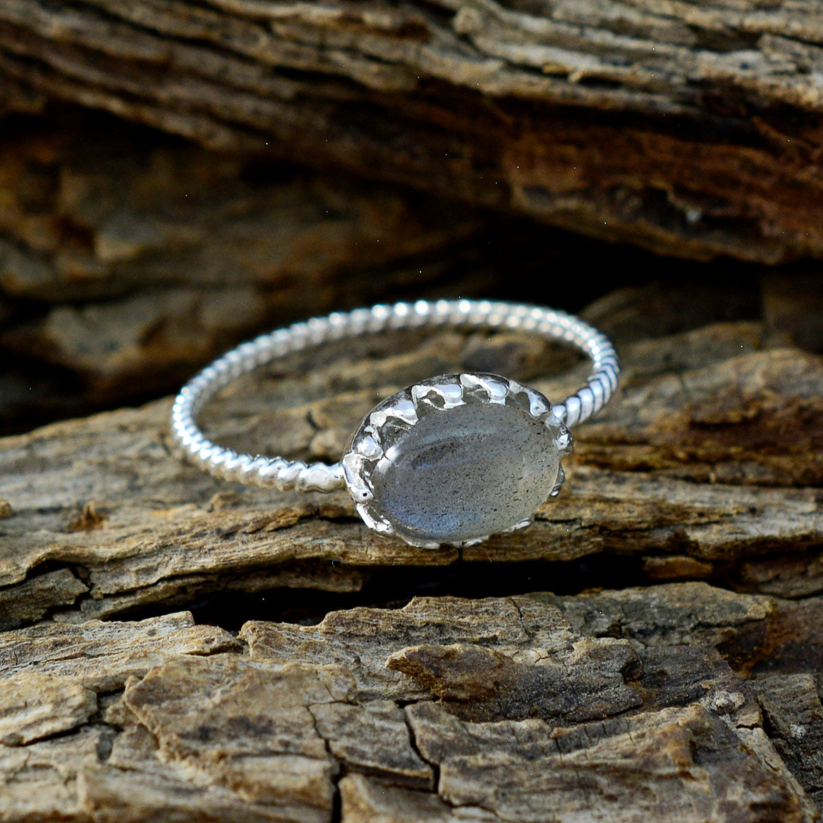 Labradorite Solitaire Japanese 925 Silver Gray Gems Elegant  Twist Ring Jewelry