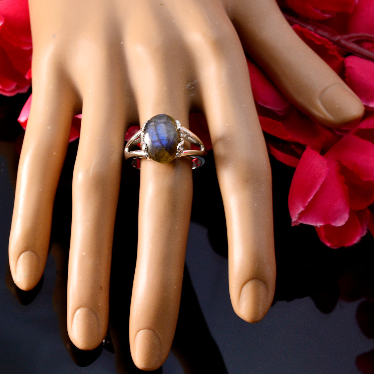 Labradorite Solitaire French Sterling Silver Gray Gemstones Classic  Sophisticated Ring Jewelry