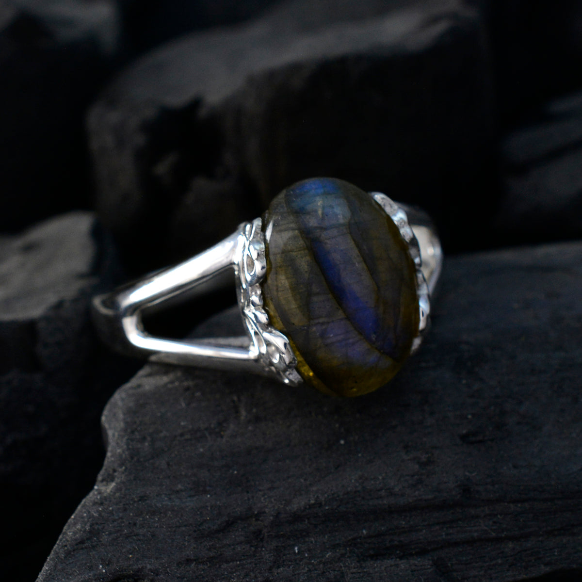 Labradorite Solitaire French Sterling Silver Gray Gemstones Classic  Sophisticated Ring Jewelry
