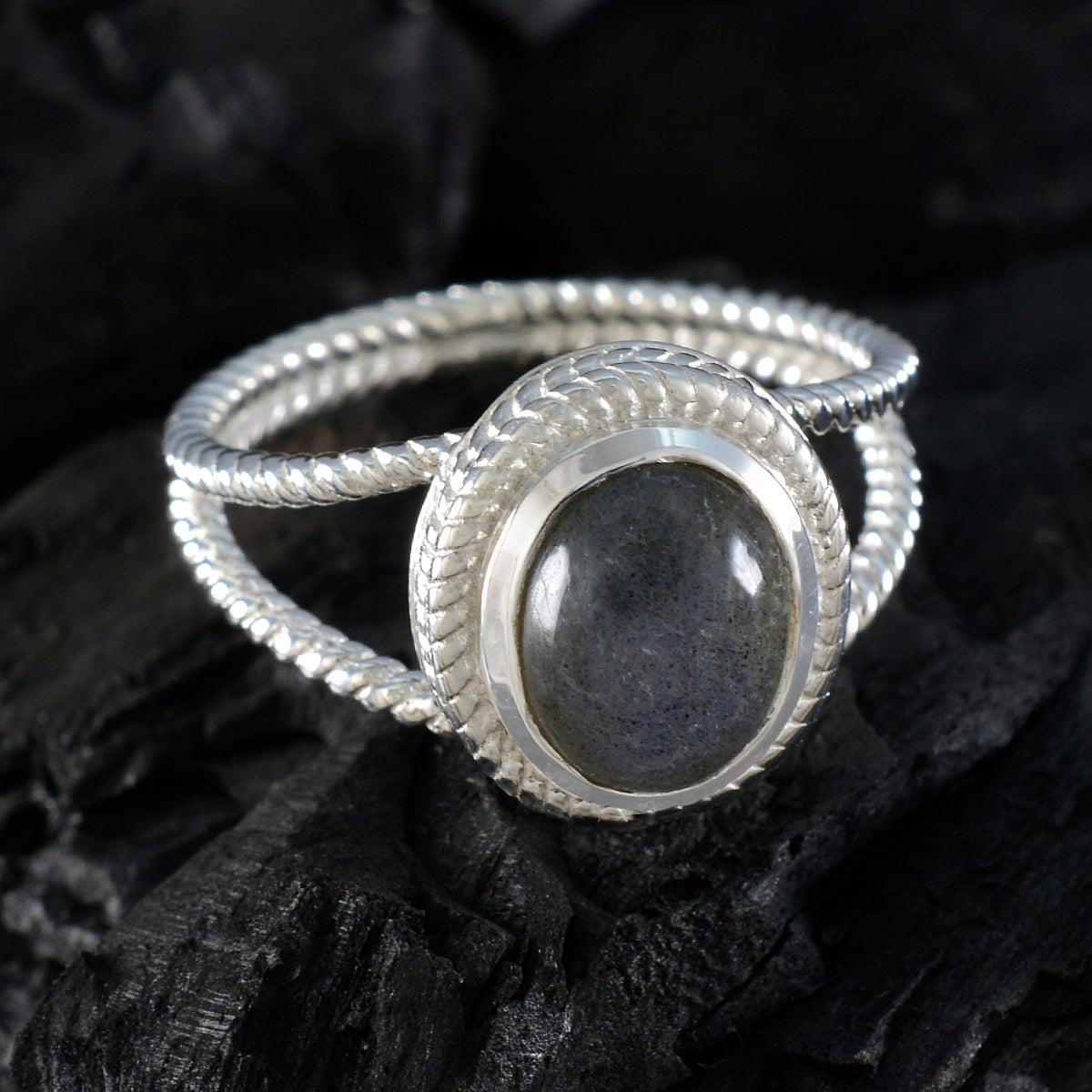 Labradorite Solitaire Latin American 925 Sterling Silver Gray Gemstone Classic Rope Wire Ring Jewelry