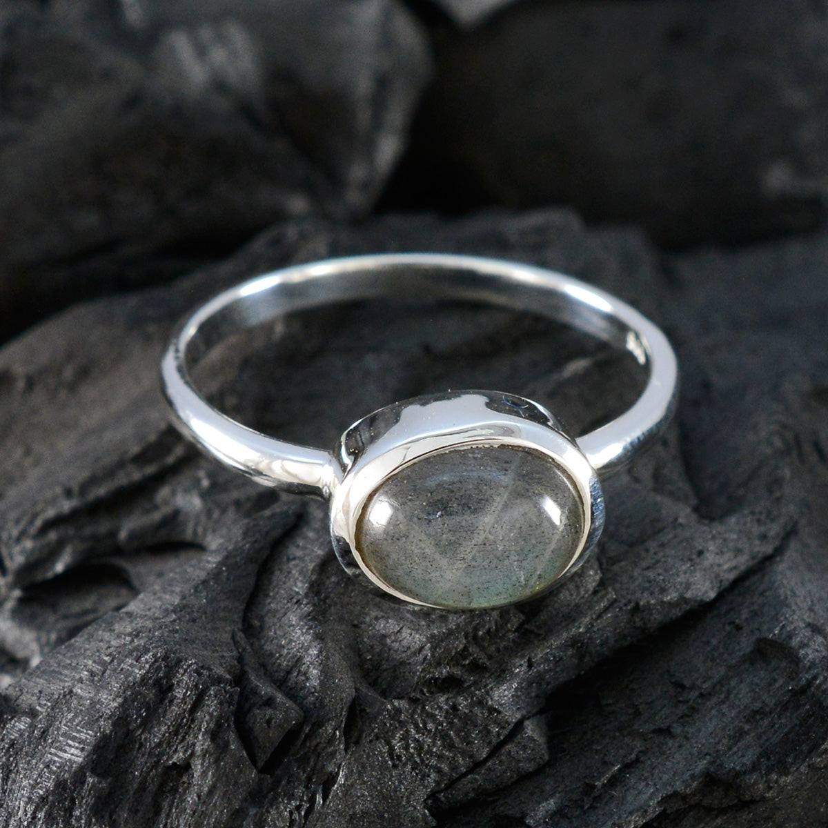 Labradorite Solitaire American Silver Gray Gemstone Dainty Trendy Ring Jewelry