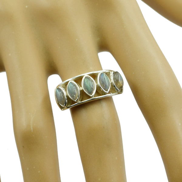 Labradorite Penta German Sterling Silver Gray Gemstones Slim Luxurious Ring Jewelry