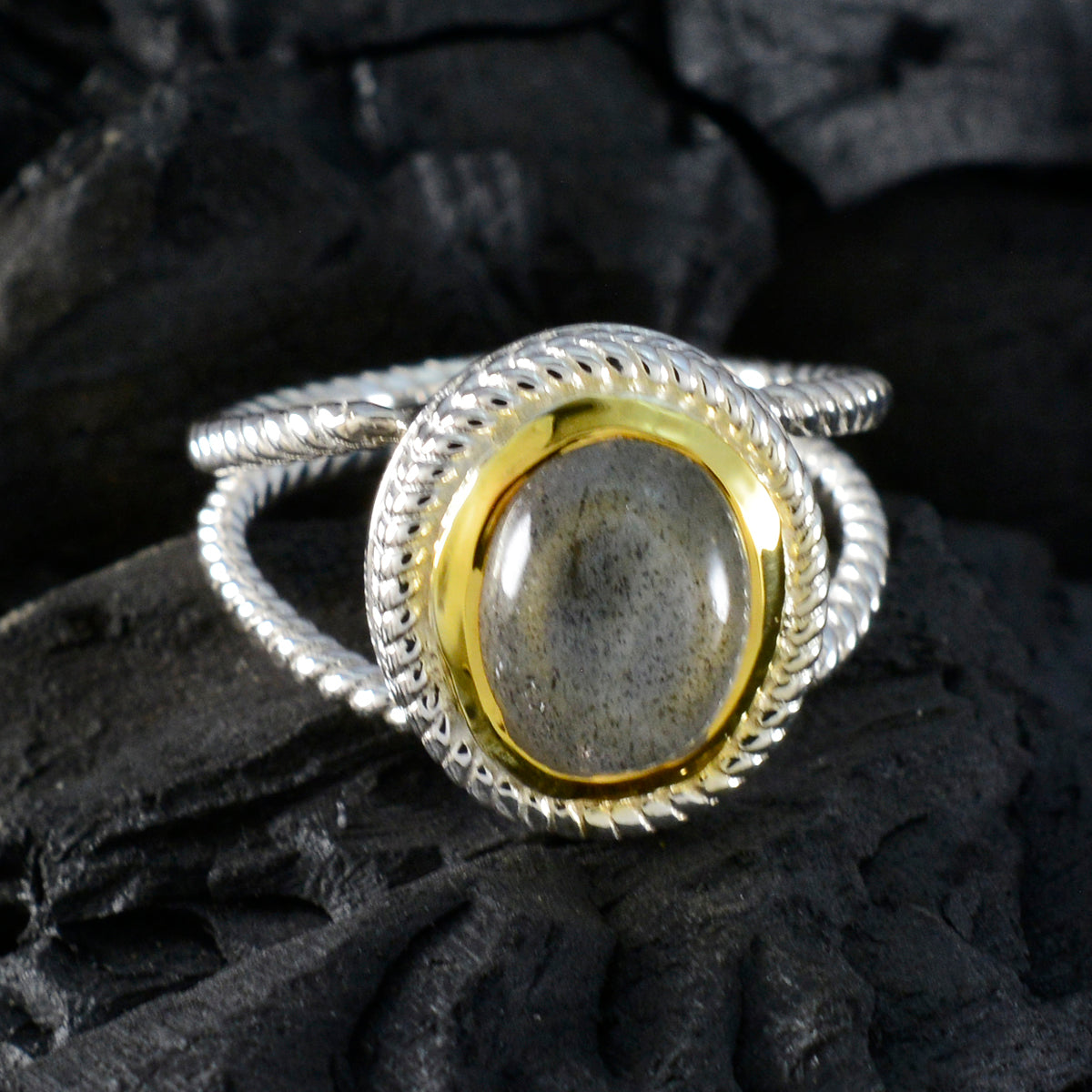 Labradorite Solitaire Italian Silver Gray Gemstones Classic Rope Wire Ring Jewellery