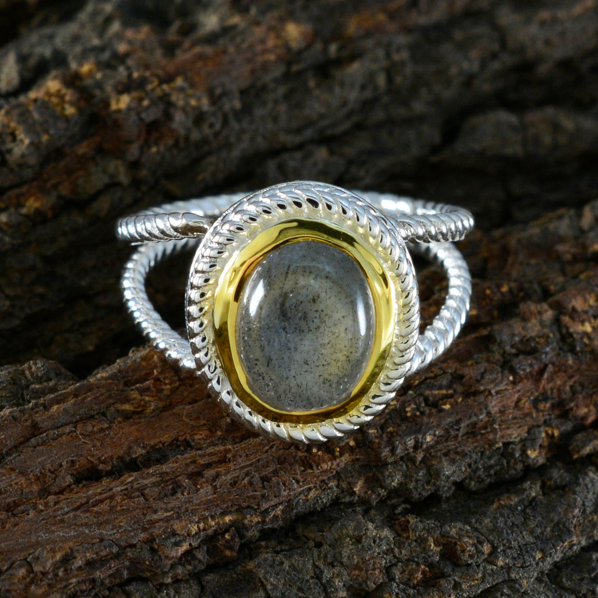 Labradorite Solitaire Italian Silver Gray Gemstones Classic Rope Wire Ring Jewellery