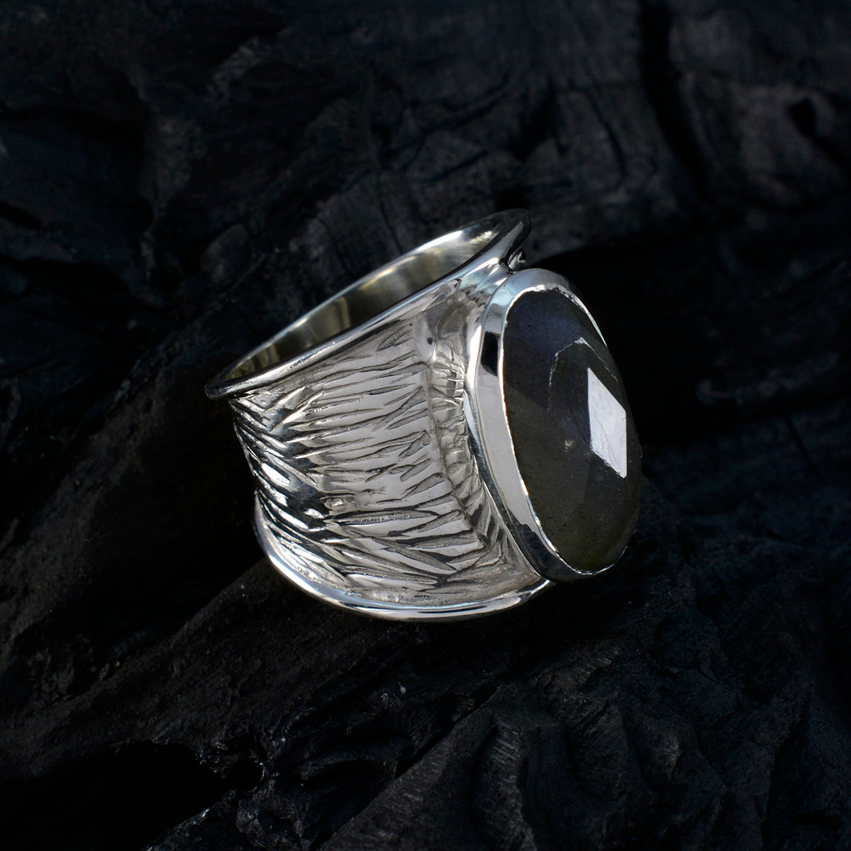 Labradorite Solitaire French 925 Silver Gray Gems Statement Heritage Ring Jewelry