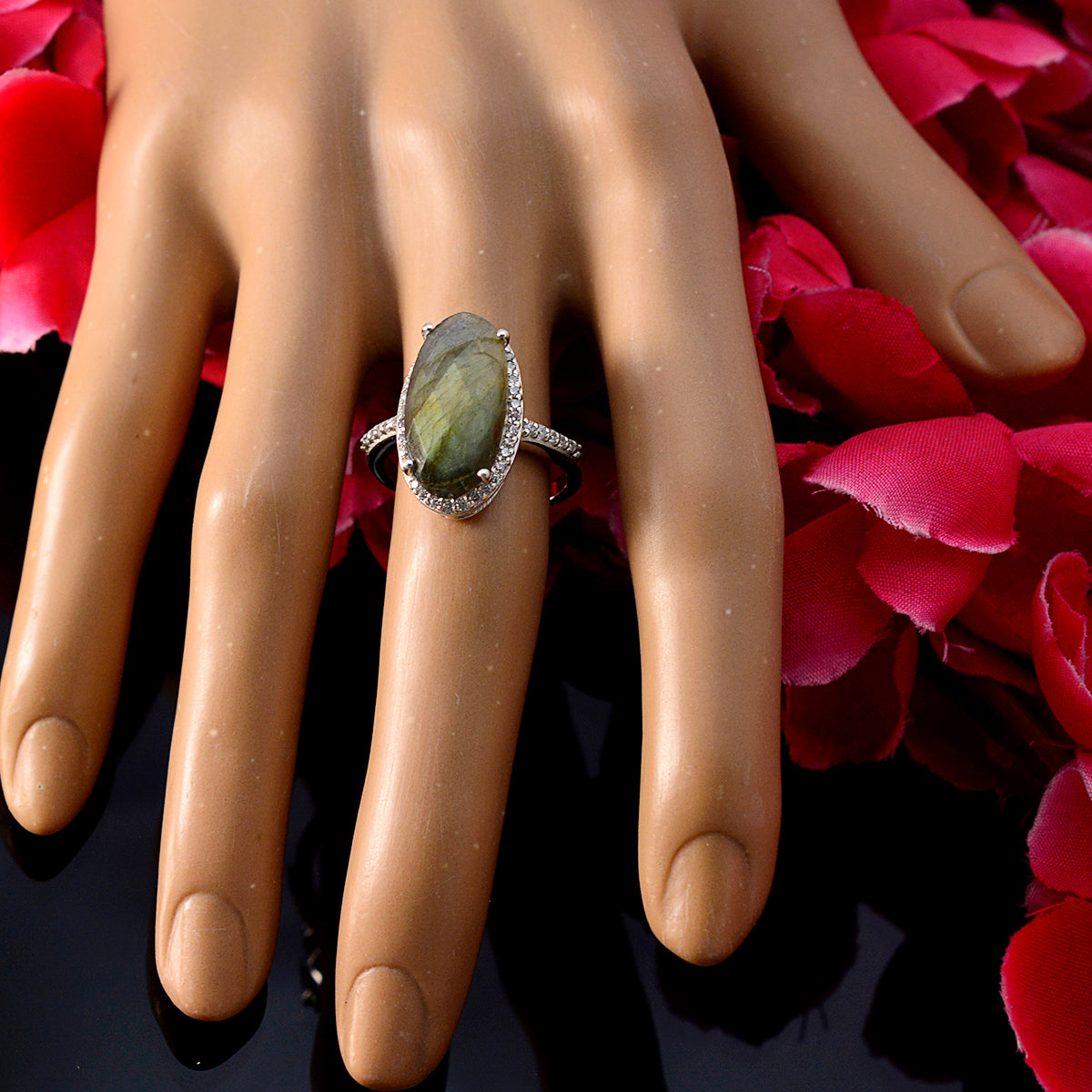 Labradorite Halo Indian Silver Gray Gemstone Tiny Sophisticated Ring Jewellery