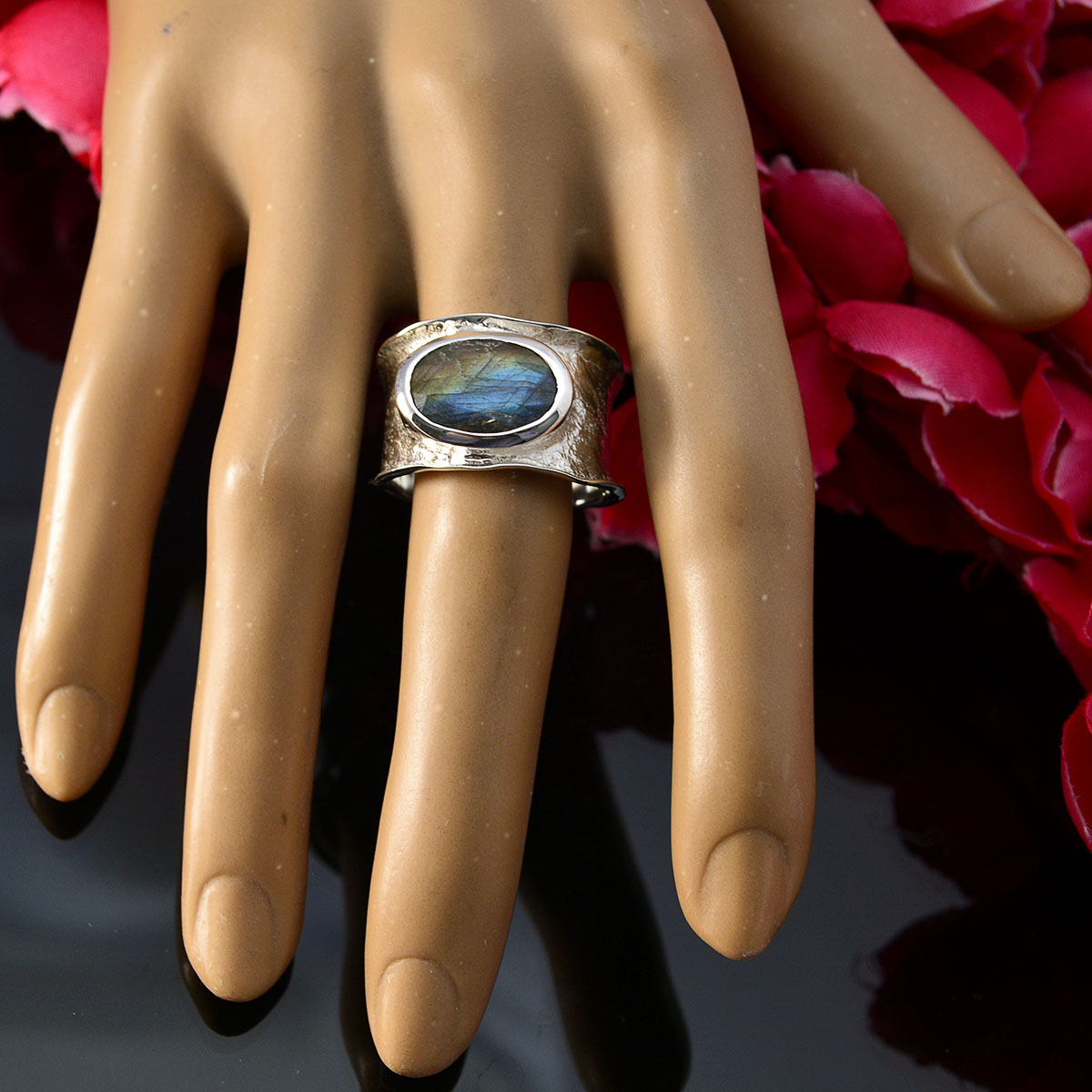 Labradorite Solitaire German 925 Sterling Silver Gray Gemstones Edgy Oversized Band Jewellery