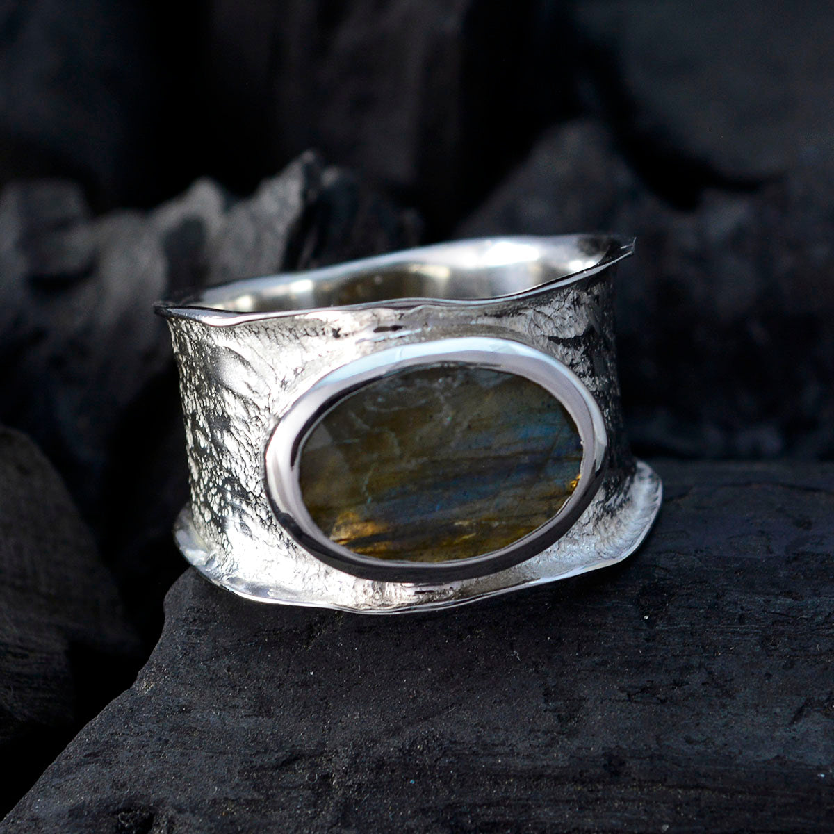 Labradorite Solitaire German 925 Sterling Silver Gray Gemstones Edgy Oversized Band Jewellery