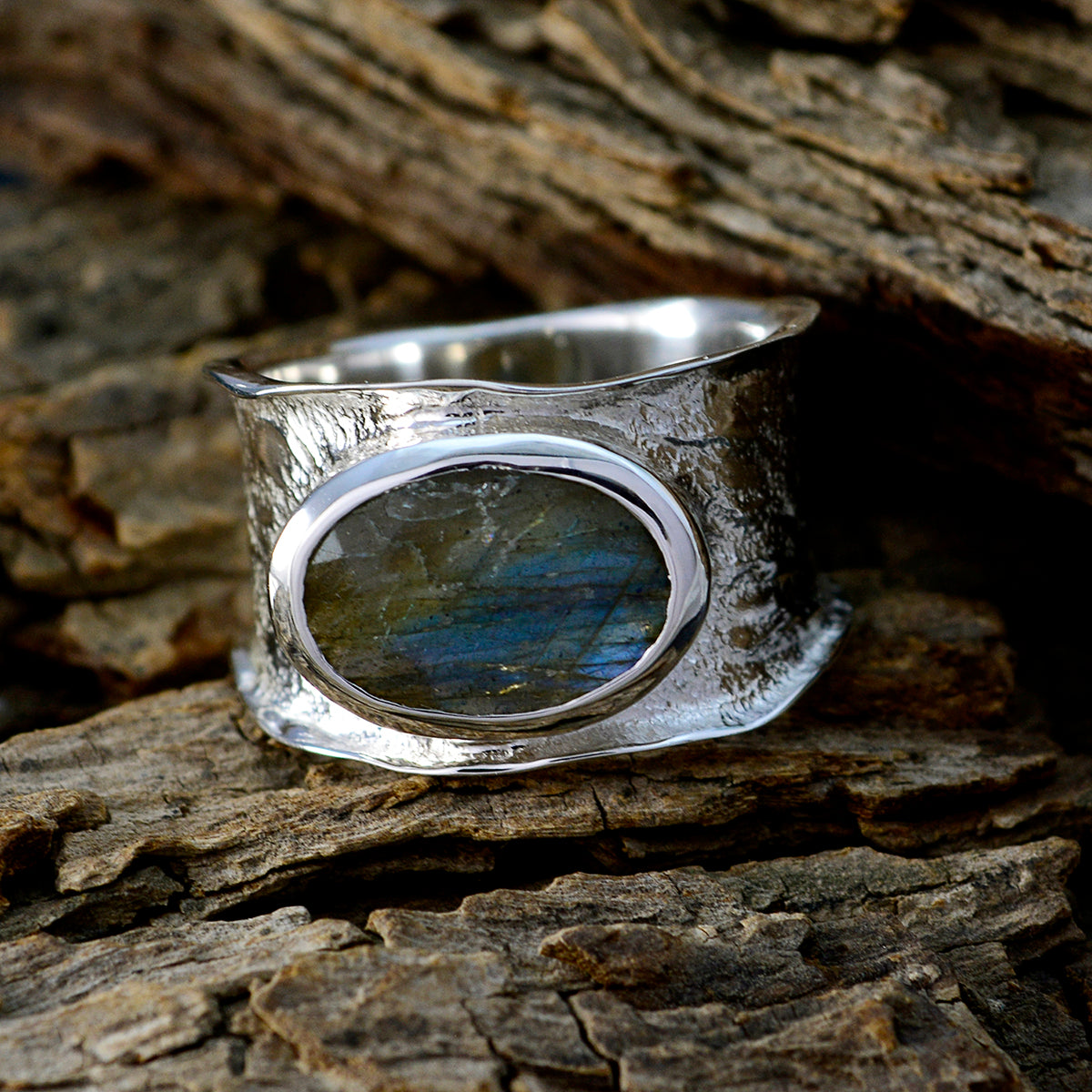 Labradorite Solitaire German 925 Sterling Silver Gray Gemstones Edgy Oversized Band Jewellery