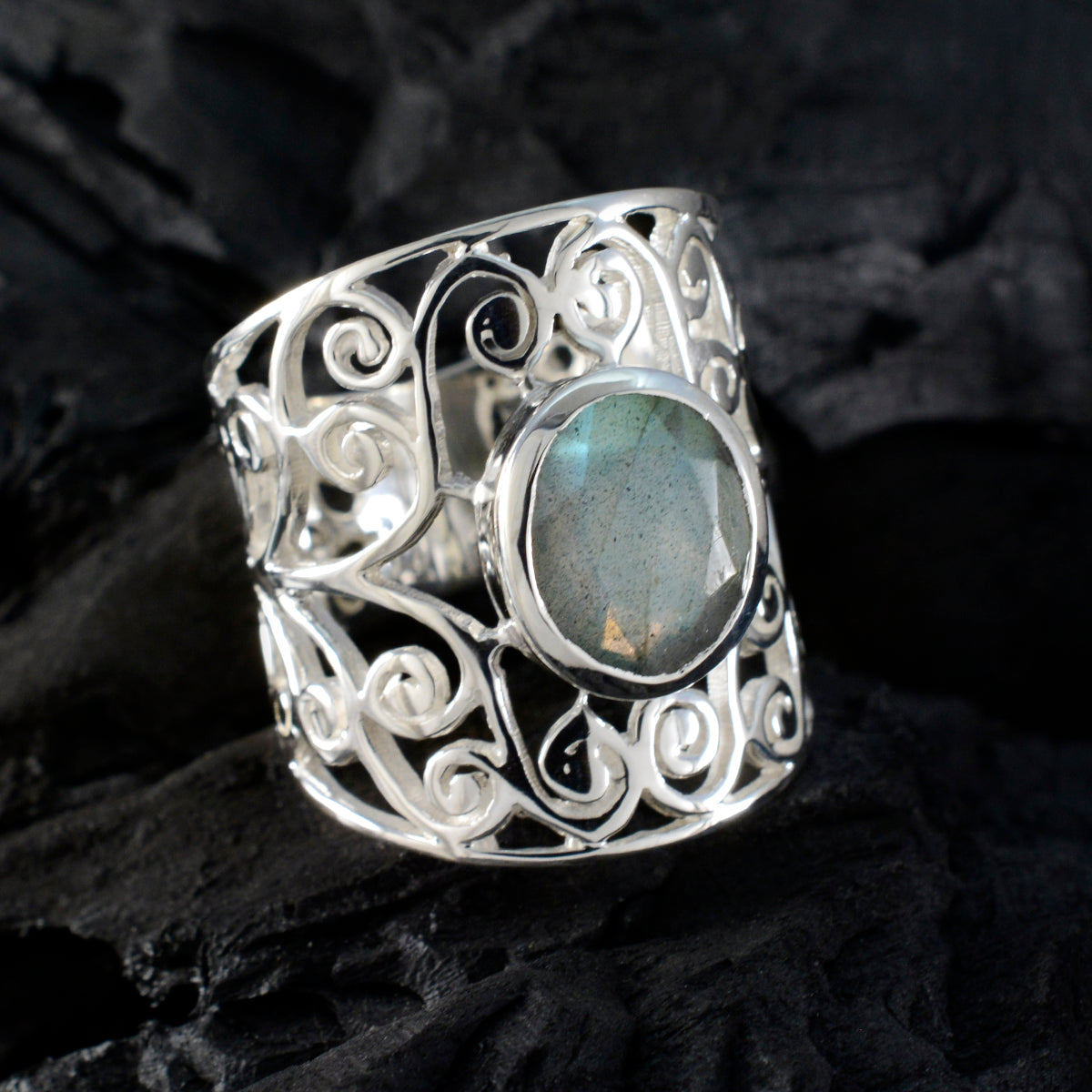 Labradorite Solitaire Latin American 925 Sterling Silver Gray Gems Versatile Filigree  Ring Jewelry