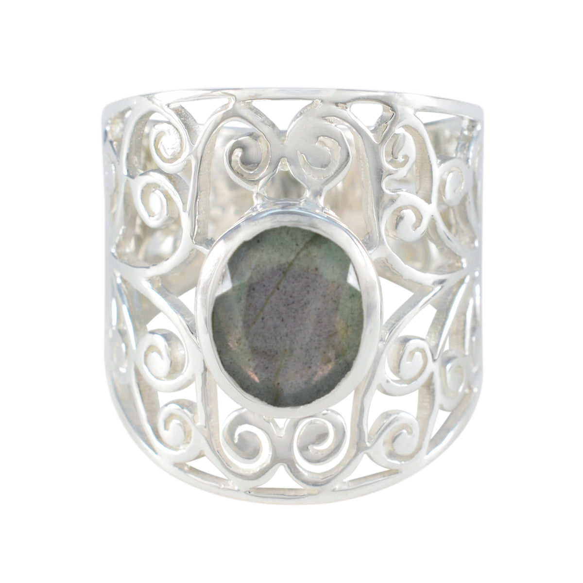 Labradorite Solitaire Latin American 925 Sterling Silver Gray Gems Versatile Filigree  Ring Jewelry メイン画像