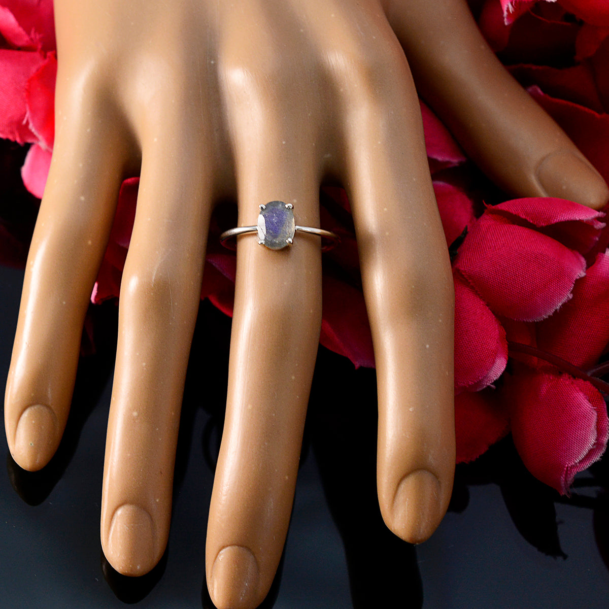 Labradorite Solitaire Korean Sterling Silver Gray Gemstone Elegant  Graceful Ring Jewelry